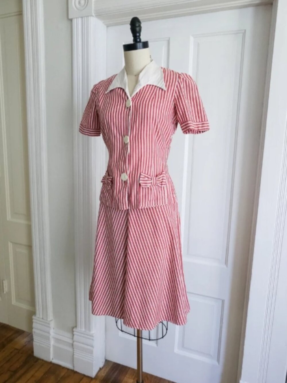 1930s Candy Stripe Daywear Set with Bow Pockets